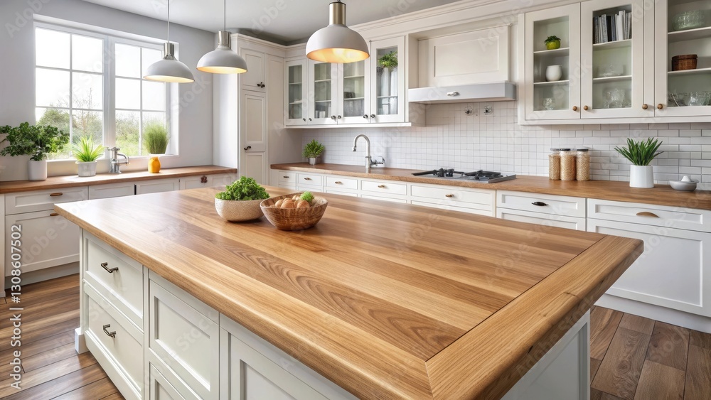 Fototapeta premium Bright Kitchen Island with Light Wood Countertop and White Cabinets
