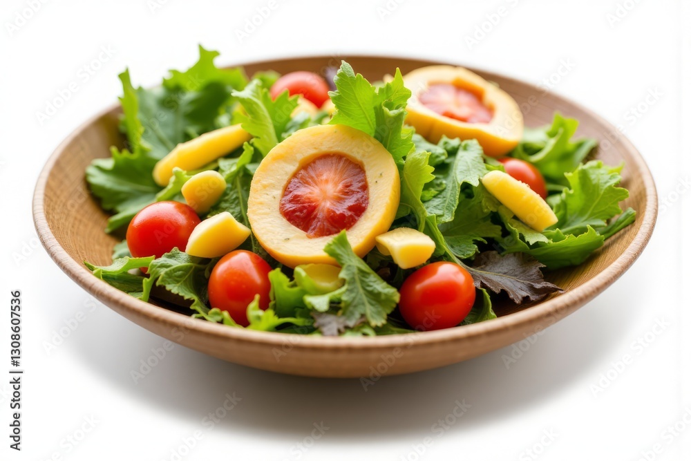 A Fresh Salad With Tomatoes and Citrus Fruit in a Wooden Bowl A Fresh Salad With Tomatoes and Citrus Fruit in a Wooden Bowl