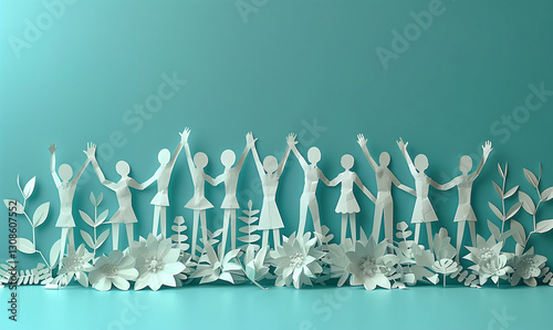 Paper cutout of people high-fiving on a blue background