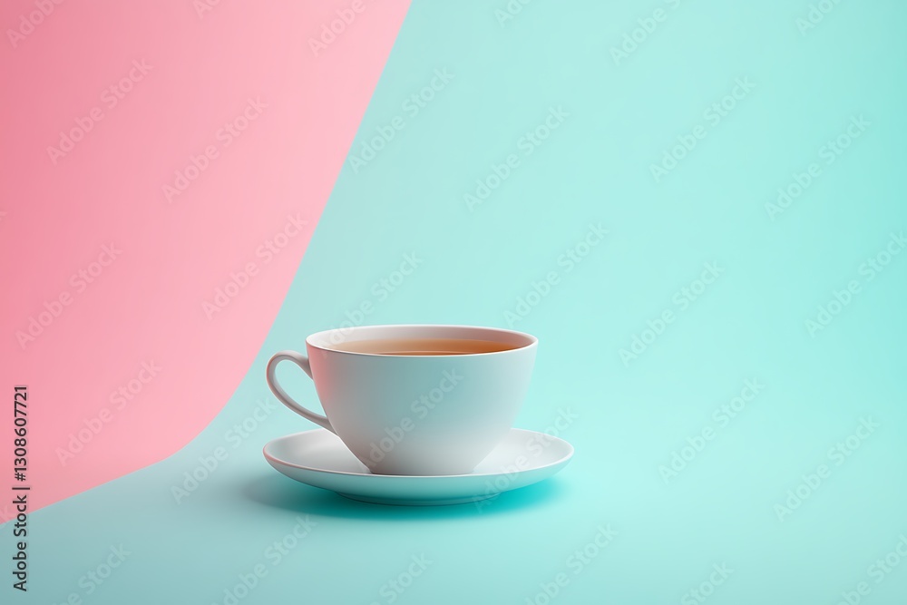 White teacup on saucer against pink and blue background. White teacup on saucer against pink and blue background.
