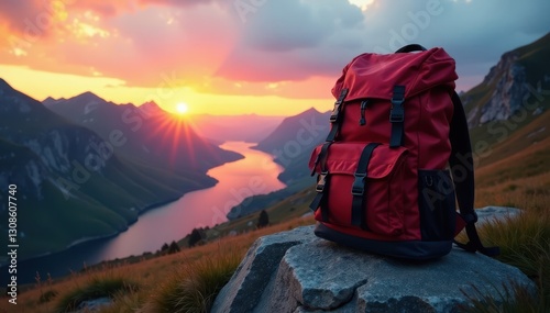Backpack rests on a rock, overlooking a Norwegian valley sunset , travel photography, vista, journey