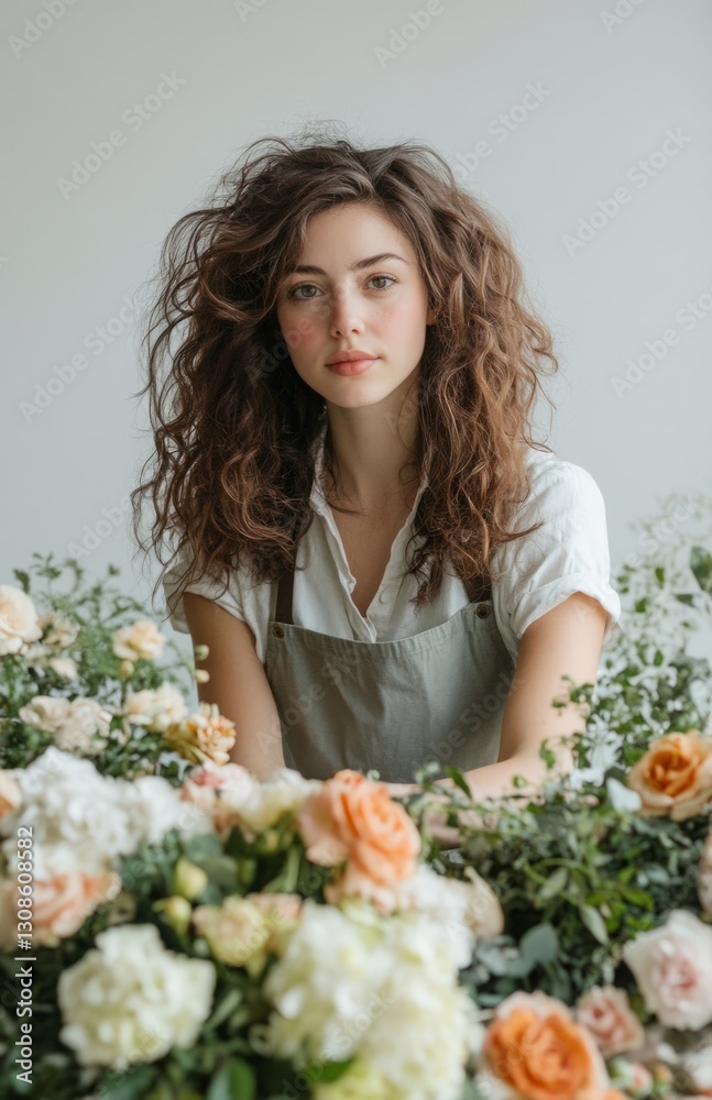 Florist in apron creating flower arrangements at a table, full-length portrait on white background Florist in apron creating flower arrangements at a table, full-length portrait on white background