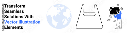 Earth globe, reusable shopping bag, person tossing coins into a floating wallet. Ideal for sustainability, eco-awareness, financial planning, global initiatives, environmental care, smart solutions