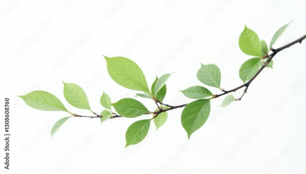 Delicate branch with small leaves isolated on white background, branches, leafy, minimalist Delicate branch with small leaves isolated on white background, branches, leafy, minimalist