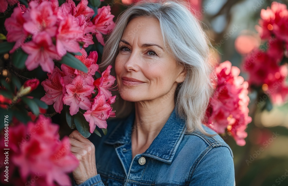 Middle-aged woman in denim jacket with blooming rhododendron in spring park Middle-aged woman in denim jacket with blooming rhododendron in spring park