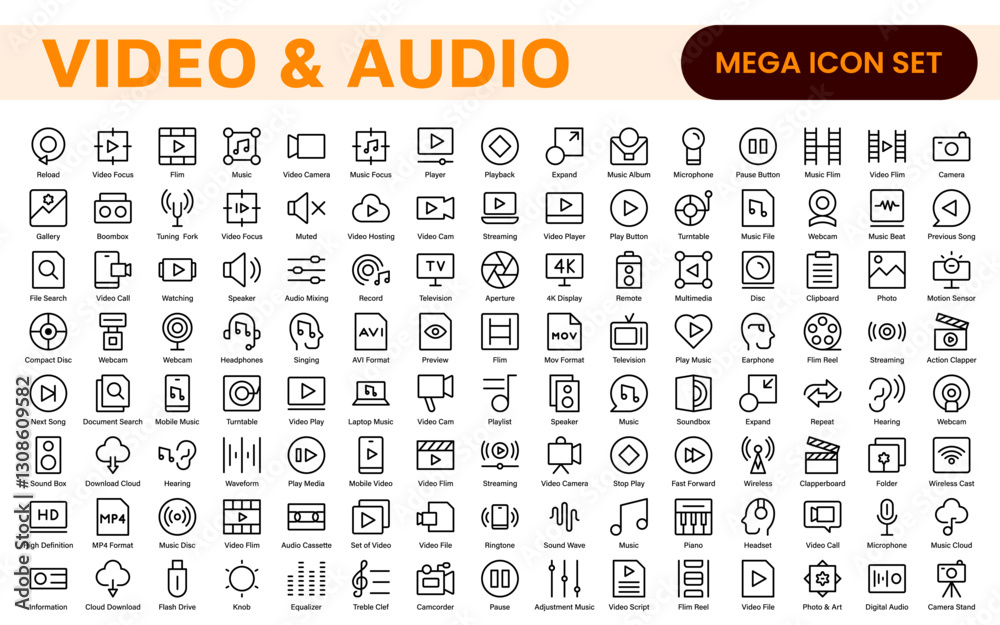 Audio Video Icons Pack. Thin line icons set. Flat icon collection set. Simple outline icons. Audio Video Icons Pack. Thin line icons set. Flat icon collection set. Simple outline icons.