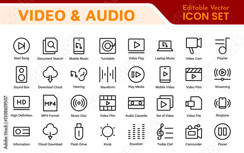 Audio Video Icons Pack. Thin line icons set. Flat icon collection set. Simple outline icons.