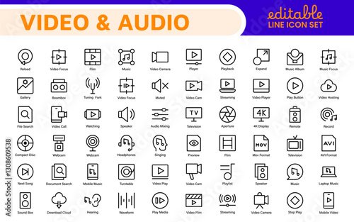 Audio Video Icons Pack. Thin line icons set. Flat icon collection set. Simple outline icons.