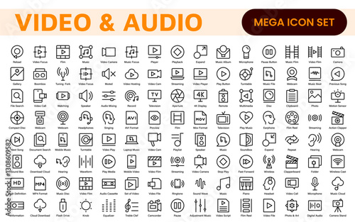 Audio Video Icons Pack. Thin line icons set. Flat icon collection set. Simple outline icons.