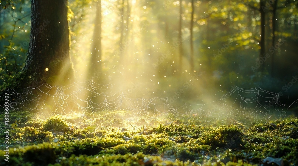 Fototapeta premium Sunlit Forest Dewdrops