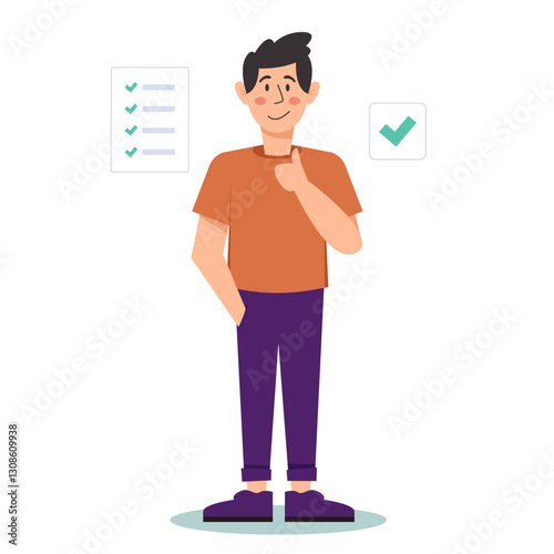 Success Check: A vector illustration of a man, celebrating with a thumbs up after the check marks. The image conveys accomplishment.