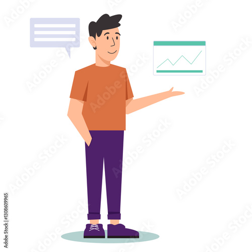 The Visionary Presenter: A dynamic young man presents insightful information, supported by charts and data visualizations, demonstrating his knowledge with a thought bubble.