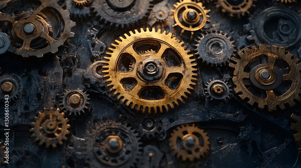 A close up of a large number of gears, some of which are gold. Concept of complexity and intricacy, as the gears are interlocked and interwoven in a way that suggests a well-designed machine A close up of a large number of gears, some of which are gold. Concept of complexity and intricacy, as the gears are interlocked and interwoven in a way that suggests a well-designed machine