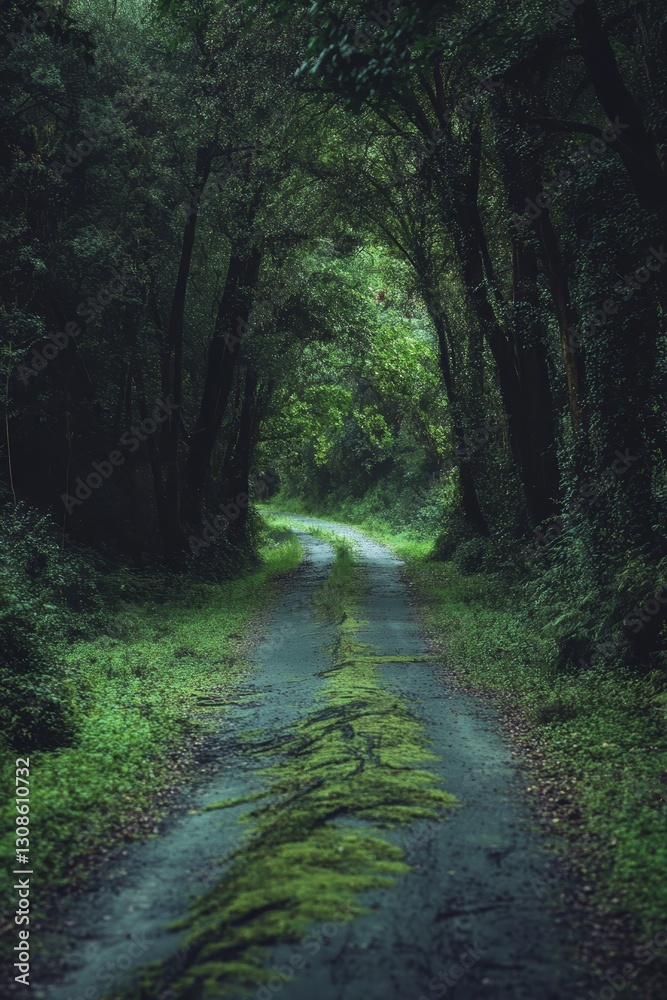 Fototapeta premium An abandoned road in the middle of a dense forest, overgrown with moss and vines, giving a post-apocalyptic and eerie feeling.