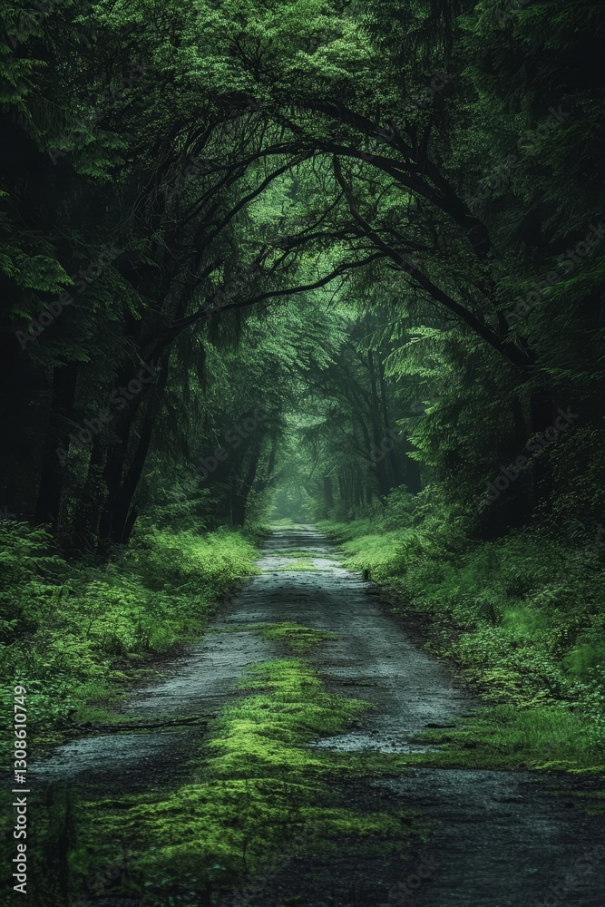 An abandoned road in the middle of a dense forest, overgrown with moss and vines, giving a post-apocalyptic and eerie feeling. An abandoned road in the middle of a dense forest, overgrown with moss and vines, giving a post-apocalyptic and eerie feeling.