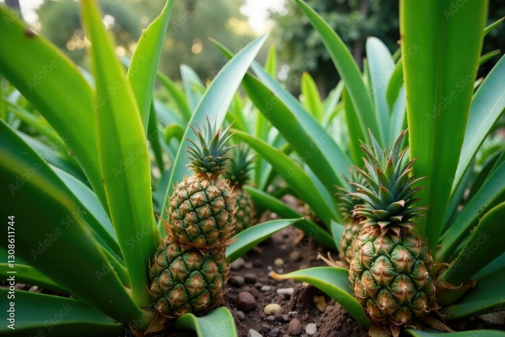 Fototapeta premium Green leaves on pineapple trees surrounding a garden filled with ornamental plants, Eco Friendly, Pineapple Trees, Healthy Environment