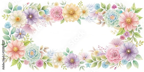 Decorative border with abstract colorful flowers print in pastel hues on a white background, featuring delicate petals and intricate details , abstract art, elegant style