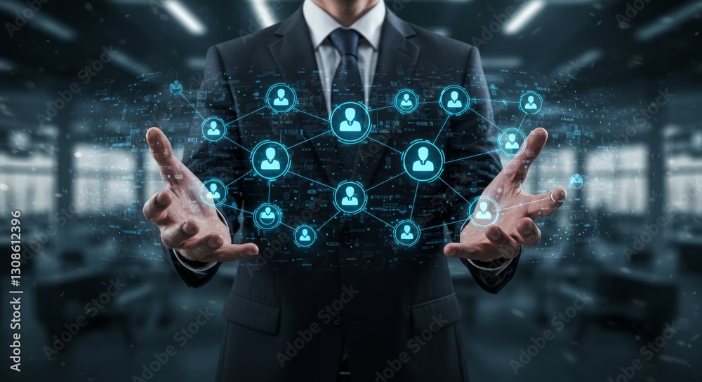 Fototapeta premium Business Strategy Concept: Target Icon Linked to Human Icons Representing Customer Focus Group and Marketing Planning.
