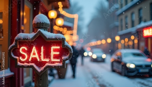 Wallpaper Mural A snowy street scene featuring a glowing sale sign outside businesses Torontodigital.ca