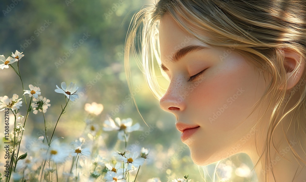 Serene girl, eyes closed, daisy field, sunlight Serene girl, eyes closed, daisy field, sunlight