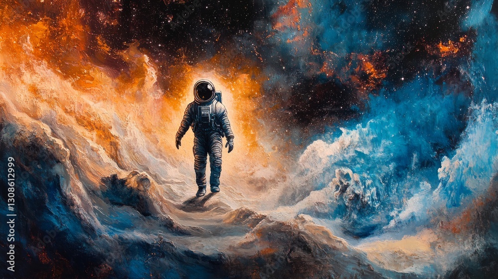 An astronaut walks through a dramatic, fiery landscape with intense colors, blending blue and orange to depict a vibrant alien world. Ideal for sci-fi concepts and adventure themes.. AI Generation
