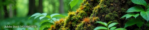 Lichen-covered tree trunk with multicolored mosses and ferns, foliage, tropical rainforest, nature photo