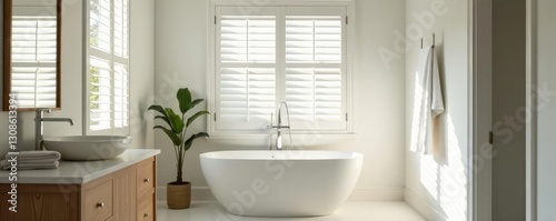 Light pours through white plantation shutters in a minimalist bathroom, pour, glow