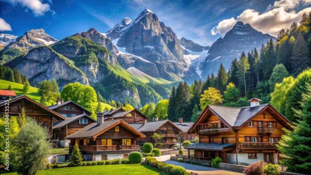 Scenic Alpine Village with Majestic Mountains and Lush Greenery Scenic Alpine Village with Majestic Mountains and Lush Greenery