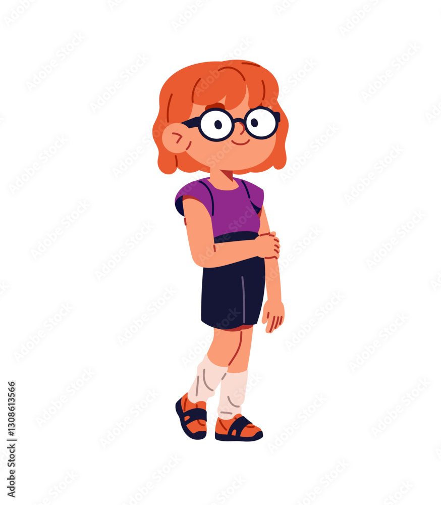 Cute child in glasses with impaired vision. Happy kid in eyeglasses has ill eyes. Shy disabled little girl with redhead has disease of seeing. Flat isolated vector illustration on white background Cute child in glasses with impaired vision. Happy kid in eyeglasses has ill eyes. Shy disabled little girl with redhead has disease of seeing. Flat isolated vector illustration on white background