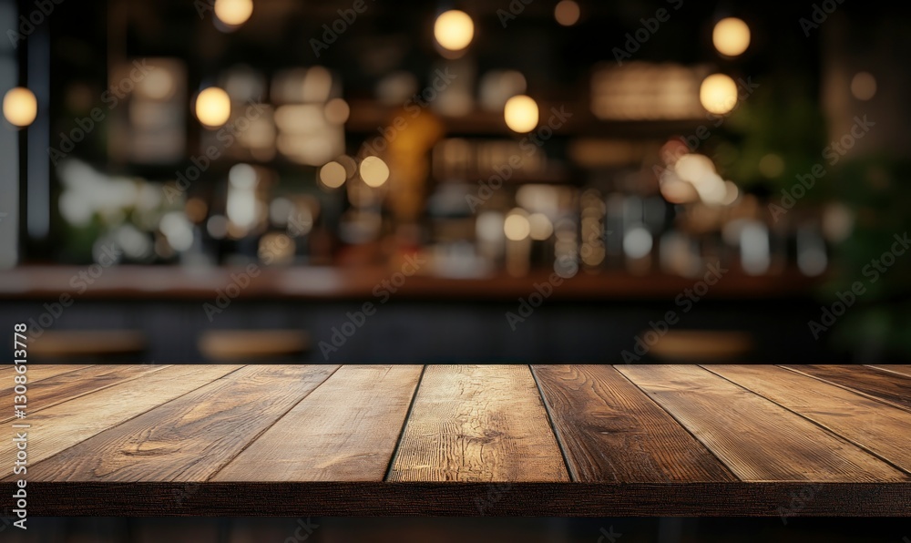 Wooden Table Top with Blurred Bar Background for Product Display Wooden Table Top with Blurred Bar Background for Product Display
