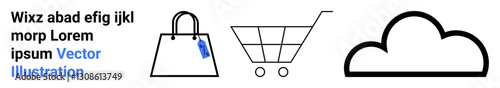 Shopping bag with tag, shopping cart, and cloud icon in minimalist style. Ideal for e-commerce, online shopping, retail, cloud storage, logistics, digital trends and flat landing page banner