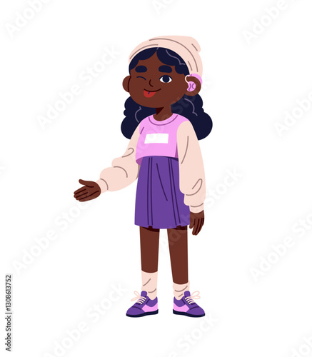 Cute disabled child with aid for impaired, loss, hard of hearing. Happy black girl with deaf winks. Kid with gear, equipment for ears diseases. Flat isolated vector illustration on white background