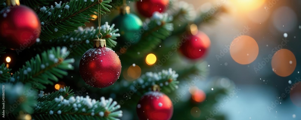 Snowflakes gently falling on a Christmas tree decorated with colorful ornaments, ornaments, snowflakes, season Snowflakes gently falling on a Christmas tree decorated with colorful ornaments, ornaments, snowflakes, season