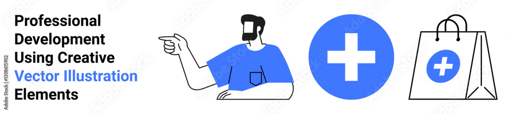 Obraz premium Man pointing with confidence, a blue medical cross, and a medical-themed shopping bag. Ideal for healthcare, business promotion, e-commerce, creativity, guidance, education flat landing page banner