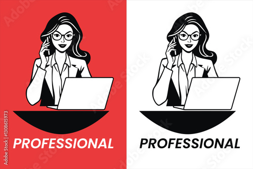 Clean and elegant vector of a career-oriented woman working on a laptop while handling a phone call. Ideal for depicting remote work, digital business, and modern office environments