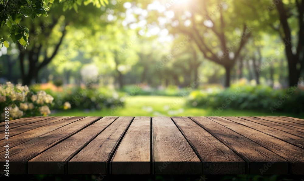 Wooden Table in Lush Garden Setting with Blurred Background and Sunlight Wooden Table in Lush Garden Setting with Blurred Background and Sunlight