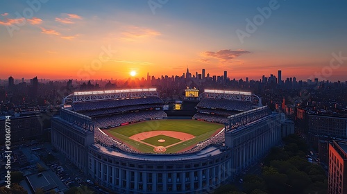 Stadium view at golden hour in city skyline