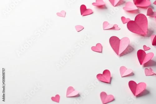 Delicate pink hearts confetti scattering on white background, anniversary, little, whimsical