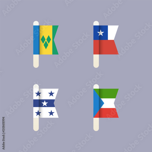 National flags of the world, Saint Vincent and the Grenadines, Gambier Islands, Chile, Equatorial Guinea, set flat vector icons