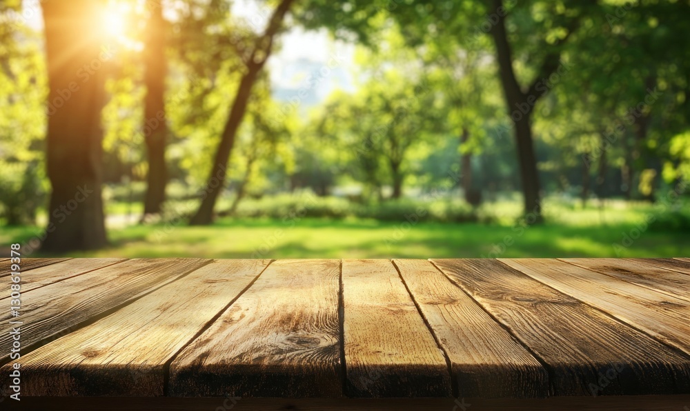 Wooden Table in Park Setting with Sunlight Streaming Through Green Trees Wooden Table in Park Setting with Sunlight Streaming Through Green Trees