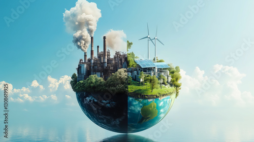 Half of the world is covered in air pollution, while the other half remains clean and unpolluted. The concept of environmental contrast, climate change, and the impact of pollution.