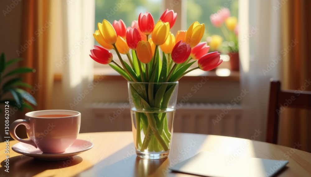 custom made wallpaper toronto digitalVibrant tulips in glass vase on wooden table, celebrating femininity