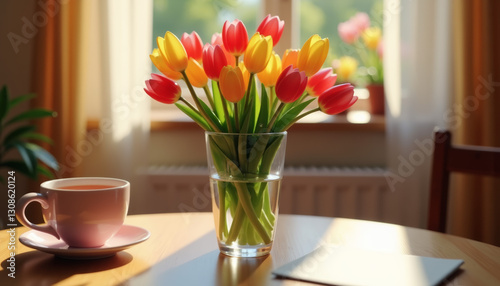Wallpaper Mural Vibrant tulips in glass vase on wooden table, celebrating femininity Torontodigital.ca