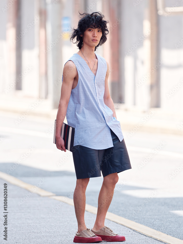 Portrait of handsome Chinese young man wearing undershirt and shorts posing in the street, young guy with black curly hair with urban background. male fashion, cool Asian young man lifestyle. Portrait of handsome Chinese young man wearing undershirt and shorts posing in the street, young guy with black curly hair with urban background. male fashion, cool Asian young man lifestyle.