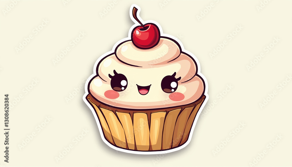 Kawaii cupcake with cheerful expression on plain background, adorable concept Kawaii cupcake with cheerful expression on plain background, adorable concept