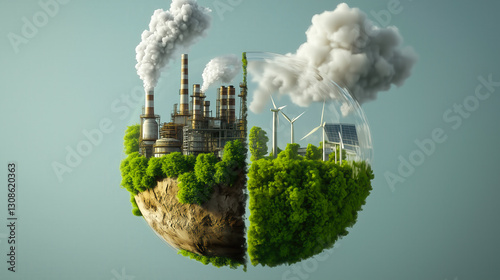 Half of the world is covered in air pollution, while the other half remains clean and unpolluted. The concept of environmental contrast, climate change, and the impact of pollution.