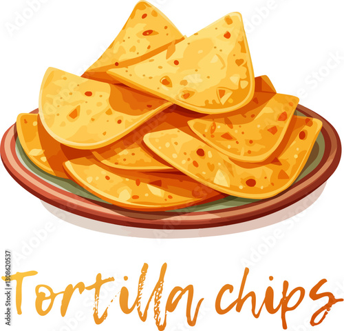 Vector illustration of a plate of nachos on a white background. Cartoon icon a plate piled high with triangle-shaped tortilla chips. A popular Mexican snack food