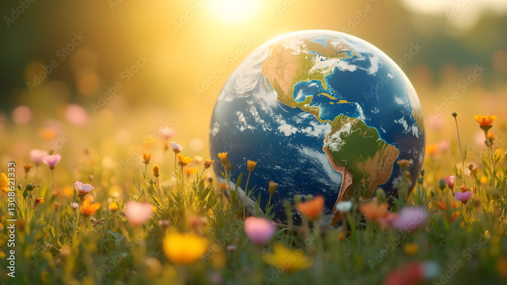 Globe in flowers representing Earth. Beautiful nature and climate harmony. Responsible climate management for a better future. Prosperous planet under the sun.