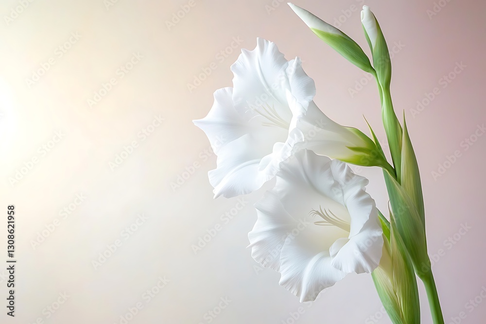 Fototapeta premium Two elegant white gladiolus flowers with buds against a soft background. (1)