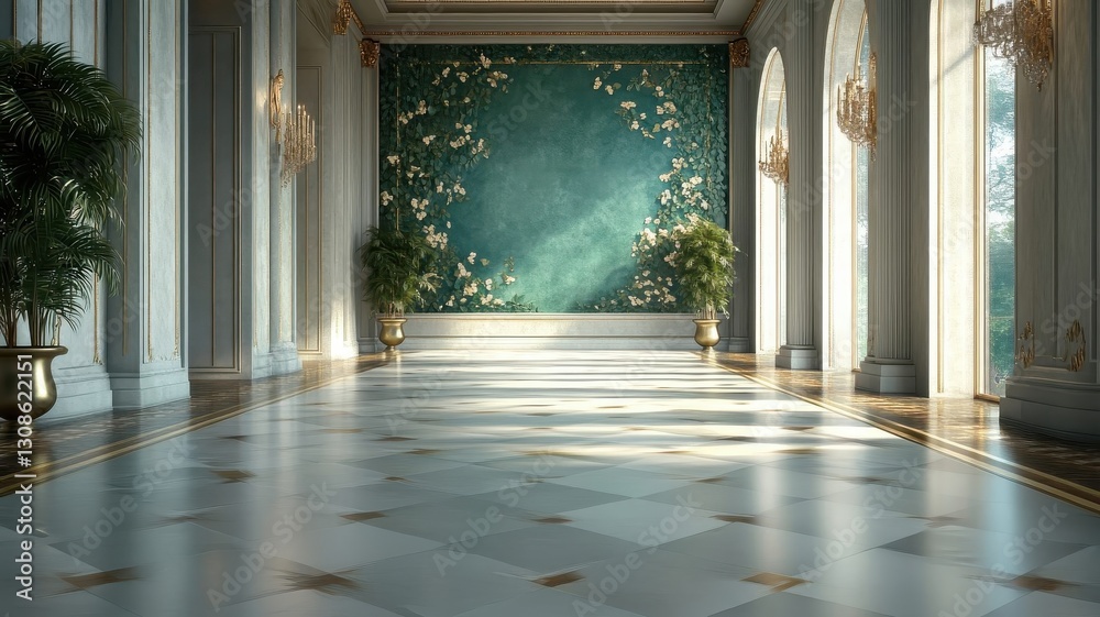 Fototapeta premium Ballroom mural depicting breathtaking gold and emerald leaves.